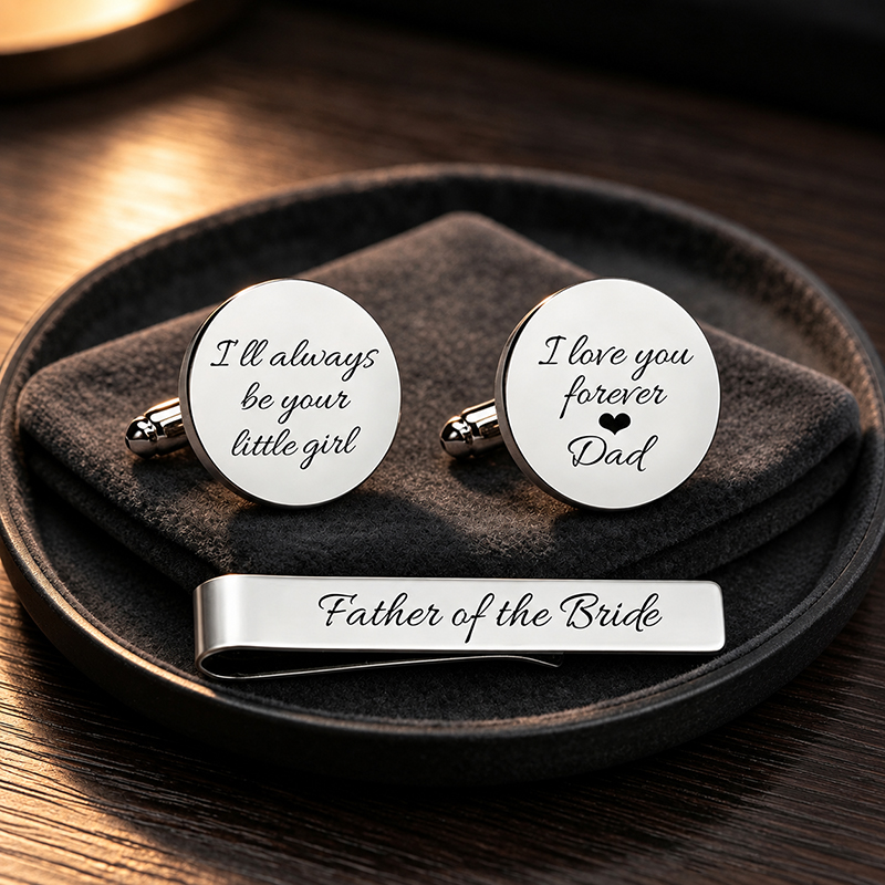 Tie Bar Set Gift - ステンレス製カフスボタンとネクタイピンのセット。男性用フォーマルスーツのアクセサリー。お父様やご主人への結婚祝いに。