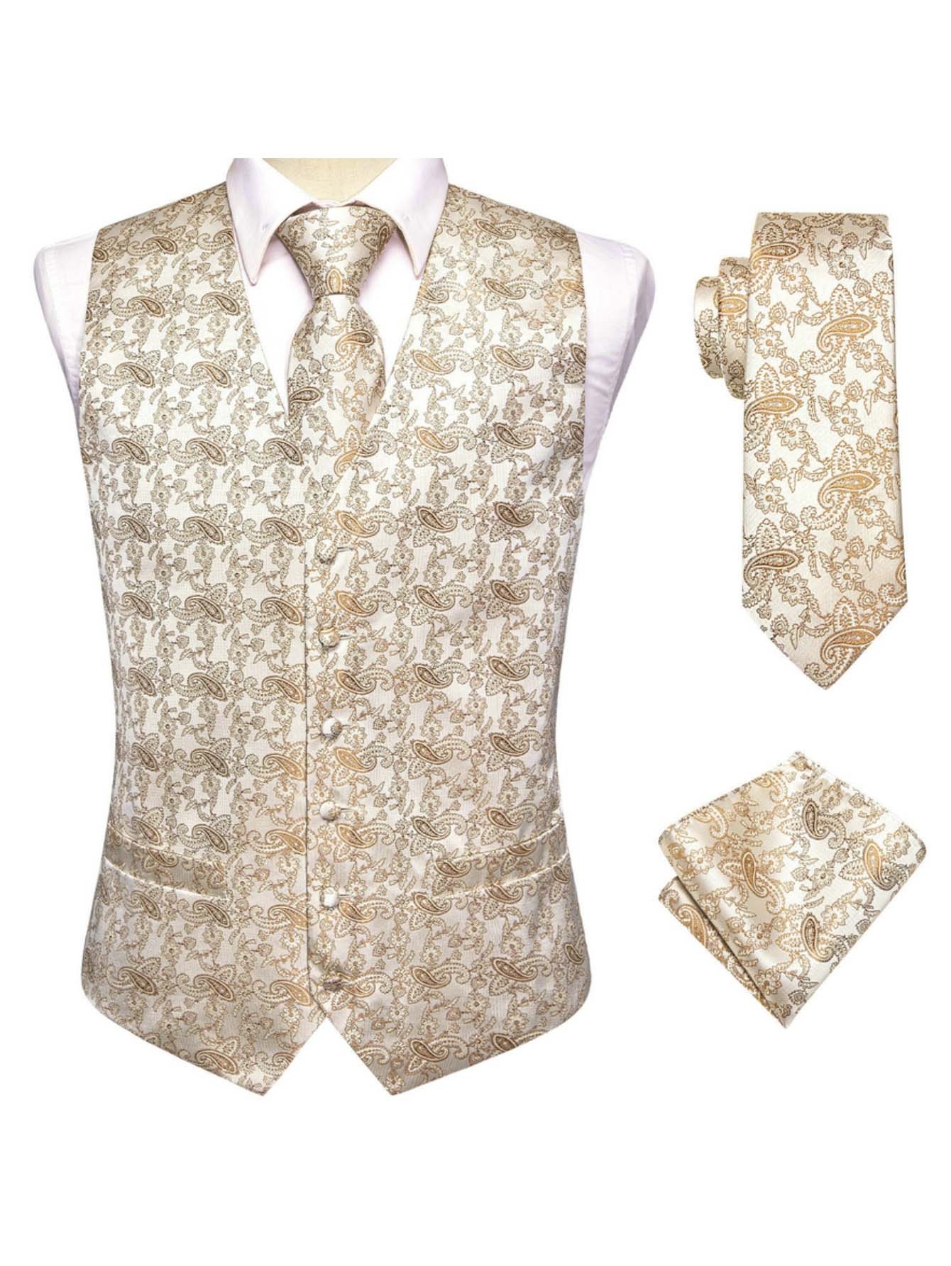 Pocket Square Set - メンズアプリコットジャカードベスト3点セット（ベスト、ネクタイ、ポケットチーフ付き）、結婚式や宴会に最適なエレガントなスーツ