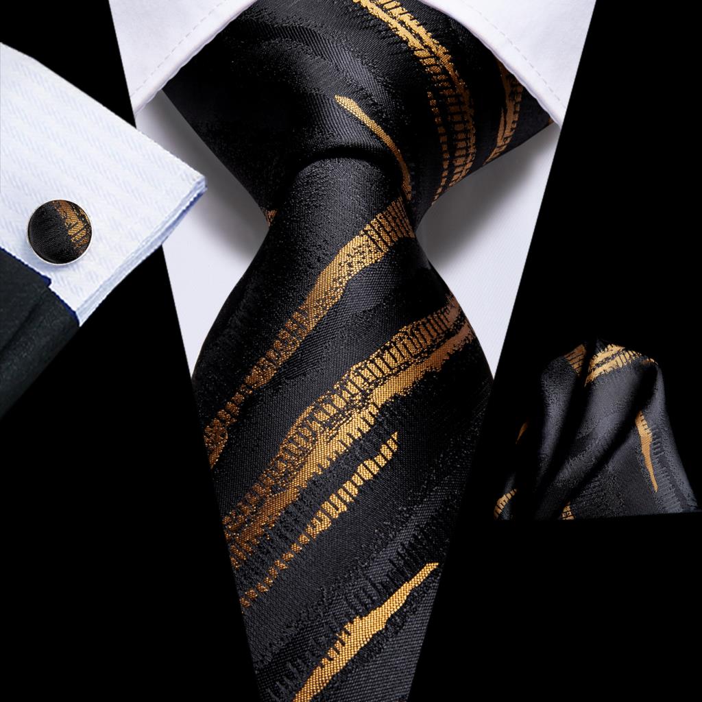 Silk Tie Striped - Hi-tie-男性用のストライプのシルクのウェディングネクタイ,ゴールドとブラックのシルクストライプデザインのユニセックスセット
