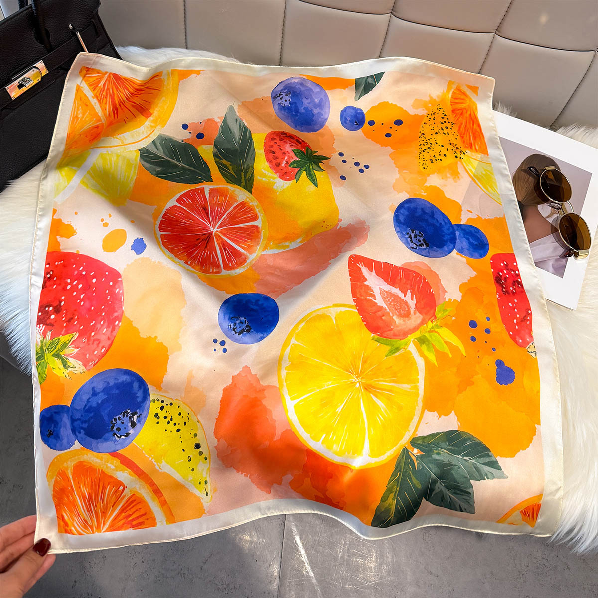 Ascot Neck Scarf - ファッションレモンフルーツパターンスクエアシルクスカーフ女性ヒジャブオールシーズン装飾ネクタイソフトヘッドスカーフスカーフバンダナネクタイ