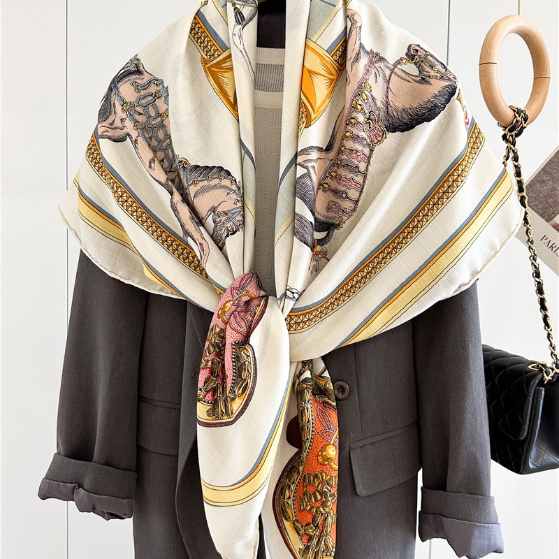 Scarf Silk Square - ファッションプリント大型スクエアウールスカーフ・ラップ 2026 レディース冬用ウールショール・ケープ・ポンチョ 132x132CM